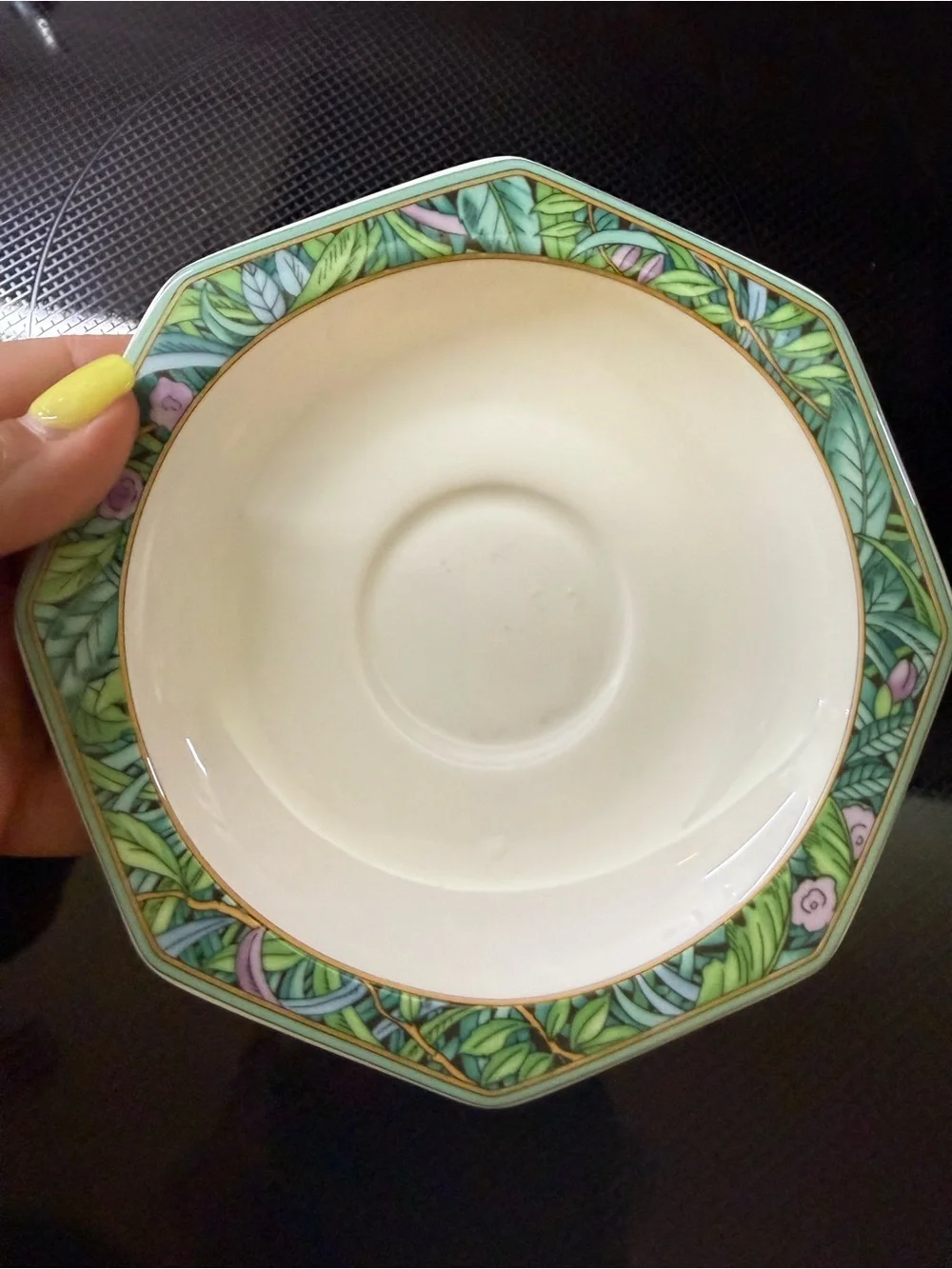 Villeroy & Boch White Teacup and Saucer with Green Botanical Trim